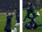 Jose Mourinho attempted a knee slide celebration. Jose Mourinho attempted a knee slide celebration.