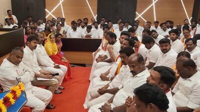 Actor and Tamilaga Vettri Kazhagam founder, Vijay, during the party’s executive committee meeting in Chennai on Sunday. (ANI) Actor and Tamilaga Vettri Kazhagam founder, Vijay, during the party’s executive committee meeting in Chennai on Sunday. (ANI)