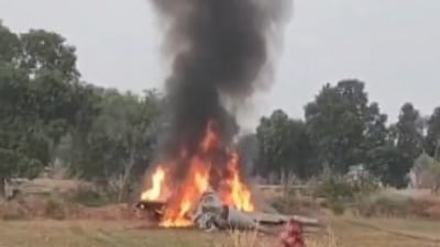 The wreckage of IAF's MiG 29 fighter jet which crashed near Agra. (X/PTI) The wreckage of IAF's MiG 29 fighter jet which crashed near Agra. (X/PTI)