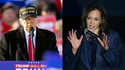 This combination of pictures created on November 03, 2024 shows, L-R, former US President Republican presidential candidate Donald Trump speaking during a campaign rally in Kinston, North Carolina, on November 3, 2024 and US Vice President and Democratic presidential nominee Kamala Harris speaking during a service at Greater Emmanuel Institutional Church of God in Christ in Detroit, Michigan, on November 3, 2024. (Photo by Ryan M. Kelly and ROBERTO SCHMIDT / AFP) (AFP) This combination of pictures created on November 03, 2024 shows, L-R, former US President Republican presidential candidate Donald Trump speaking during a campaign rally in Kinston, North Carolina, on November 3, 2024 and US Vice President and Democratic presidential nominee Kamala Harris speaking during a service at Greater Emmanuel Institutional Church of God in Christ in Detroit, Michigan, on November 3, 2024. (Photo by Ryan M. Kelly and ROBERTO SCHMIDT / AFP) (AFP)