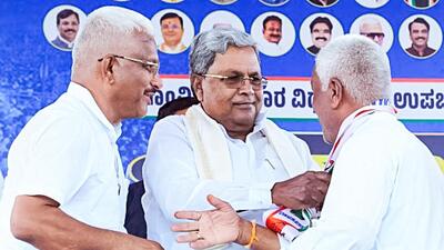 Chief minister Siddaramaiah during a public meeting in support of Congress candidate Yasir Ahmed Khan Pathan for the Shiggaon Assembly by-election, in Haveri on Monday. (ANI) Chief minister Siddaramaiah during a public meeting in support of Congress candidate Yasir Ahmed Khan Pathan for the Shiggaon Assembly by-election, in Haveri on Monday. (ANI)