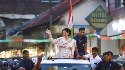 Congress leader Priyanka Gandhi Vadra during a meeting in Wayanad district, Kerala, on Monday. (PTI)