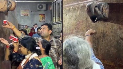 Devotees were filmed drinking water dripping from an elephant sculpture at Banke Bihari Temple. (X/@BroominsKaBaap) Devotees were filmed drinking water dripping from an elephant sculpture at Banke Bihari Temple. (X/@BroominsKaBaap)
