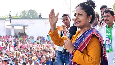 Jharkhand Mukti Morcha MLA Kalpana Soren addresses a rally in Saraikela. (ANI Photo)