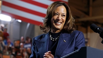 US Vice President and Democratic presidential nominee Kamala Harris smiles during a campaign rally at Michigan State University's Jenison Field House in East Lansing, Michigan, on November 3, 2024. (AFP) US Vice President and Democratic presidential nominee Kamala Harris smiles during a campaign rally at Michigan State University's Jenison Field House in East Lansing, Michigan, on November 3, 2024. (AFP)
