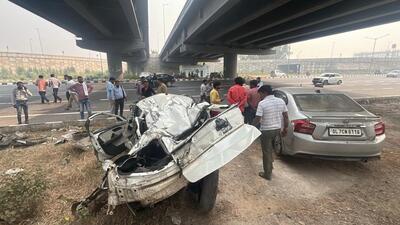 The mangled remains of the car on the Mumbai-Delhi expressway. ( Parveen Kumar/HT Photo) The mangled remains of the car on the Mumbai-Delhi expressway. ( Parveen Kumar/HT Photo)