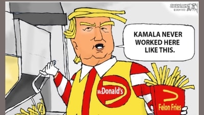 Jeff Darcy's (Cleveland) satirical take on Donald Trump's claims that Kamala Harris never worked at McDonald's as the former president manned the fries station for a photo-op. (Cleveland.com) Jeff Darcy's (Cleveland) satirical take on Donald Trump's claims that Kamala Harris never worked at McDonald's as the former president manned the fries station for a photo-op. (Cleveland.com)