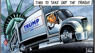 The Guardian's Ben Jennings on Donald Trump's garbage truck stunt. The Guardian's Ben Jennings on Donald Trump's garbage truck stunt.