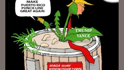 Jeff Darcy's Donald Trump cartoon for local news outlet Cleveland allude to the vile and vulgar comments about Puerto Rico at the Madison Square Garden rally. (Cleveland.com) Jeff Darcy's Donald Trump cartoon for local news outlet Cleveland allude to the vile and vulgar comments about Puerto Rico at the Madison Square Garden rally. (Cleveland.com)