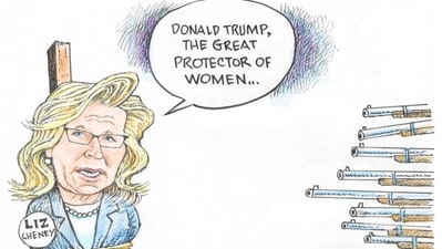Dave Granlund's visualisation of former Wyoming congresswoman Liz Cheney hitting back at Donald Trump for attacking her as a “radical war hawk” as he also suggested she be put in the line of fire. The former president said of his outspoken critic, “Let's put her with a rifle standing there with nine barrels shooting at her, okay? Let's see how she feels about it, you know, when the guns are trained on her face.” He added, “You know, they're all war hawks when they're sitting in Washington in a nice building saying, 'Oh, gee, well, let's send a -- let's send 10,000 troops right into the mouth of the enemy.” (Shared on X @SansDisk2013) Dave Granlund's visualisation of former Wyoming congresswoman Liz Cheney hitting back at Donald Trump for attacking her as a “radical war hawk” as he also suggested she be put in the line of fire. The former president said of his outspoken critic, “Let's put her with a rifle standing there with nine barrels shooting at her, okay? Let's see how she feels about it, you know, when the guns are trained on her face.” He added, “You know, they're all war hawks when they're sitting in Washington in a nice building saying, 'Oh, gee, well, let's send a -- let's send 10,000 troops right into the mouth of the enemy.” (Shared on X @SansDisk2013)