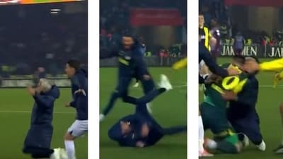 Jose Mourinho attempted a knee slide celebration. Jose Mourinho attempted a knee slide celebration.