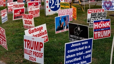 Campaign signs at the Trump Town USA merchandise store in Boons Mill, Virginia, US, on Sunday, Nov. 3, 2024. Voting rights advocates criticized the US Supreme Court's decision to allow Virginia to remove an estimated 1,600 residents from its voter rolls on the eve of the election as a misuse of the oft-criticized shadow docket. Photographer: Al Drago/Bloomberg (Bloomberg) Campaign signs at the Trump Town USA merchandise store in Boons Mill, Virginia, US, on Sunday, Nov. 3, 2024. Voting rights advocates criticized the US Supreme Court's decision to allow Virginia to remove an estimated 1,600 residents from its voter rolls on the eve of the election as a misuse of the oft-criticized shadow docket. Photographer: Al Drago/Bloomberg (Bloomberg)