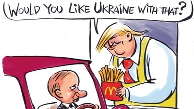 Caricatures of Donald Trump and Vladimir Putin: Christo Komarnitski's take on the former US president's late October McDonald's photo-op. (Shared by X @cartoonmovement)