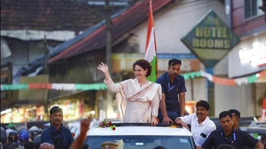 Congress leader Priyanka Gandhi Vadra during a meeting in Wayanad district, Kerala, on Monday. (PTI)