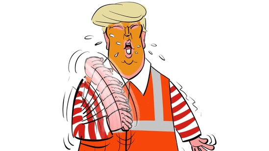 Cartoonist Truant's take on Donald Trump manning the fry station at a Pennsylvania McDonald's in late October. The uncropped version shows the former president wearing yellow McDonald's pants, red-and-white striped socks, and the iconic, clown-esque Ronald McDonald's shoes.(X (Dessins de Truant - @CartoonsMrt))