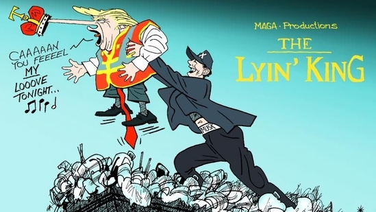 Donald Trump and his staunch supporter Elon Musk pictured in a cartoon by @OliverSchopf that reworks the former president capitalising on Joe Biden's ‘garbage’ gaffe, reimagining it in Disney's The Lion King's vision.&nbsp;(Shared on X @cartoonmovement)
