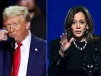 This combination of pictures created on November 04, 2024 shows
Former US President and Republican presidential candidate Donald Trump (L) gestures as he speaks during a campaign rally at Van Andel Arena in Grand Rapids, Michigan on November 5, 2024, and US Vice President and Democratic presidential candidate Kamala Harris (R) speaks during a campaign rally on the Benjamin Franklin Parkway in Philadelphia, Pennsylvania on November 4, 2024. 