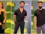 Sharvari, Shahid Kapoor, and Aditya Roy Kapur pose for the paparazzi at the Citadel Honey Bunny special screening. 