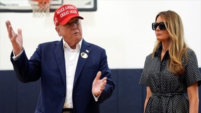 Republican presidential nominee former President Donald Trump speaks as former first lady Melania Trump listens after they voted on Election Day at the Morton and Barbara Mandel Recreation Center, Tuesday, Nov. 5, 2024, in Palm Beach, Fla. AP/PTI(AP11_05_2024_000292A) (AP) Republican presidential nominee former President Donald Trump speaks as former first lady Melania Trump listens after they voted on Election Day at the Morton and Barbara Mandel Recreation Center, Tuesday, Nov. 5, 2024, in Palm Beach, Fla. AP/PTI(AP11_05_2024_000292A) (AP)