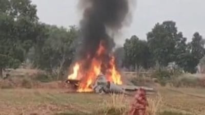The wreckage of IAF's MiG 29 fighter jet which crashed near Agra. (X/PTI) The wreckage of IAF's MiG 29 fighter jet which crashed near Agra. (X/PTI)