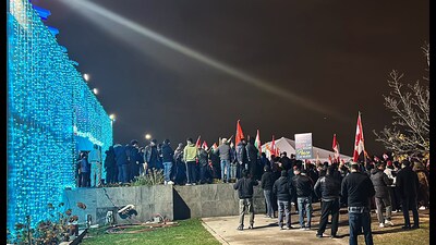 Brampton [Canada], Nov 05 (ANI): A massive crowd gather outside Hindu Sabha Mandir in solidarity with the temple and the Hindu community after the Khalistani attack on November 3, in Brampton on Monday. (ANI Photo) (CoHNA Canada - X)