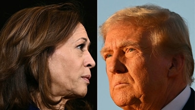 This combination of pictures created on November 04, 2024 shows, L-R, Democratic presidential nominee, US Vice President Kamala Harris speaking to members of the media before leaving her hotel in Madison, Wisconsin on October 31, 2024 and former US President and Republican presidential candidate Donald Trump speaking during a campaign rally at site of his first assassination attempt in Butler, Pennsylvania on October 5, 2024. (Brendan Smialowski and Jim Watson/AFP) This combination of pictures created on November 04, 2024 shows, L-R, Democratic presidential nominee, US Vice President Kamala Harris speaking to members of the media before leaving her hotel in Madison, Wisconsin on October 31, 2024 and former US President and Republican presidential candidate Donald Trump speaking during a campaign rally at site of his first assassination attempt in Butler, Pennsylvania on October 5, 2024. (Brendan Smialowski and Jim Watson/AFP)