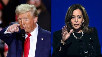 This combination of pictures created on November 04, 2024 shows
Former US President and Republican presidential candidate Donald Trump (L) gestures as he speaks during a campaign rally at Van Andel Arena in Grand Rapids, Michigan on November 5, 2024, and US Vice President and Democratic presidential candidate Kamala Harris (R) speaks during a campaign rally on the Benjamin Franklin Parkway in Philadelphia, Pennsylvania on November 4, 2024. (AFP) This combination of pictures created on November 04, 2024 shows
Former US President and Republican presidential candidate Donald Trump (L) gestures as he speaks during a campaign rally at Van Andel Arena in Grand Rapids, Michigan on November 5, 2024, and US Vice President and Democratic presidential candidate Kamala Harris (R) speaks during a campaign rally on the Benjamin Franklin Parkway in Philadelphia, Pennsylvania on November 4, 2024. (AFP)