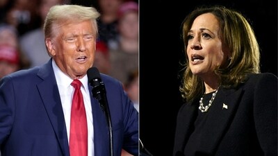 (COMBO) This combination of pictures created on November 04, 2024 shows
Former US President and Republican presidential candidate Donald Trump (L) speaks during his final campaign rally at Van Andel Arena in Grand Rapids, Michigan in the early hours of November 5, 2024, and US Vice President and Democratic presidential candidate Kamala Harris (R) speaks during a campaign rally on the Benjamin Franklin Parkway in Philadelphia, Pennsylvania on November 4, 2024. (Photo by JEFF KOWALSKY and ANDREW CABALLERO-REYNOLDS / AFP) (AFP) (COMBO) This combination of pictures created on November 04, 2024 shows
Former US President and Republican presidential candidate Donald Trump (L) speaks during his final campaign rally at Van Andel Arena in Grand Rapids, Michigan in the early hours of November 5, 2024, and US Vice President and Democratic presidential candidate Kamala Harris (R) speaks during a campaign rally on the Benjamin Franklin Parkway in Philadelphia, Pennsylvania on November 4, 2024. (Photo by JEFF KOWALSKY and ANDREW CABALLERO-REYNOLDS / AFP) (AFP)