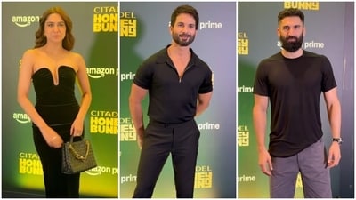 Sharvari, Shahid Kapoor, and Aditya Roy Kapur pose for the paparazzi at the Citadel Honey Bunny special screening. Sharvari, Shahid Kapoor, and Aditya Roy Kapur pose for the paparazzi at the Citadel Honey Bunny special screening.