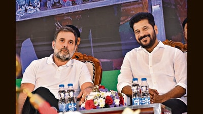 Congress MP Rahul Gandhi (left) and Telangana chief minister A Revanth Reddy at a meeting on on caste census at Bowenpally in Hyderabad on Tuesday. (HT Photo) Congress MP Rahul Gandhi (left) and Telangana chief minister A Revanth Reddy at a meeting on on caste census at Bowenpally in Hyderabad on Tuesday. (HT Photo)
