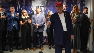 Republican presidential nominee Donald Trump visits his campaign headquarters, Tuesday, Nov. 5, 2024, in West Palm Beach, Florida. (AP) Republican presidential nominee Donald Trump visits his campaign headquarters, Tuesday, Nov. 5, 2024, in West Palm Beach, Florida. (AP)