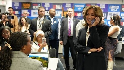Democratic presidential nominee Vice President Kamala Harris, right, phone banks with volunteers at the DNC headquarters on Election Day, Tuesday, Nov. 5, 2024, in Washington. (AP Photo/Jacquelyn Martin) (AP) Democratic presidential nominee Vice President Kamala Harris, right, phone banks with volunteers at the DNC headquarters on Election Day, Tuesday, Nov. 5, 2024, in Washington. (AP Photo/Jacquelyn Martin) (AP)