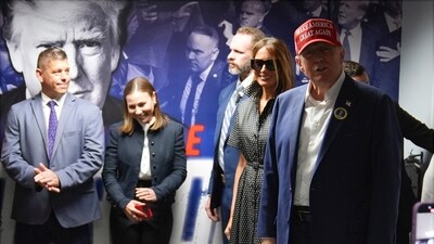 Republican presidential nominee former President Donald Trump visits his campaign headquarters, Tuesday, Nov. 5, 2024, in West Palm Beach, Fla. (AP Photo/Evan Vucci) (AP)