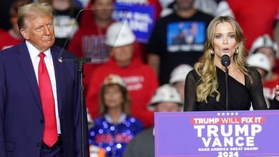 Republican presidential nominee former President Donald Trump listens as Megyn Kelly speaks at a campaign rally at PPG Paints Arena, Monday, Nov. 4, 2024, in Pittsburgh. (AP Photo/Matt Freed) (AP) Republican presidential nominee former President Donald Trump listens as Megyn Kelly speaks at a campaign rally at PPG Paints Arena, Monday, Nov. 4, 2024, in Pittsburgh. (AP Photo/Matt Freed) (AP)