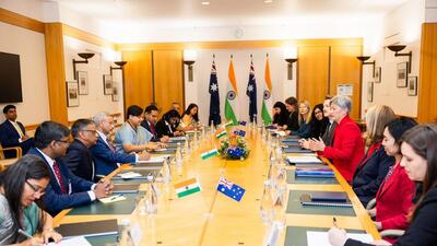 External affairs minister S Jaishankar with Australian foreign minister Penny Wong and other delegates during the 15th India - Australia Foreign Ministers’ Framework Dialogue in Canberra (PTI/Image via @DrSJaishankar) External affairs minister S Jaishankar with Australian foreign minister Penny Wong and other delegates during the 15th India - Australia Foreign Ministers’ Framework Dialogue in Canberra (PTI/Image via @DrSJaishankar)