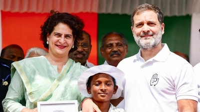 Rahul Gandhi (R) and Congress general secretary Priyanka Gandhi Vadra during a public meeting in Wayanad. Rahul Gandhi (R) and Congress general secretary Priyanka Gandhi Vadra during a public meeting in Wayanad.