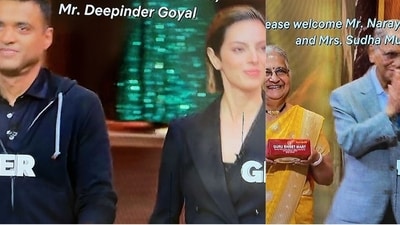 Deepinder Goyal, Grecia Munoz (L) and Narayana Murthy, Sudha Murty (R) on The Great Indian Kapil Show. Deepinder Goyal, Grecia Munoz (L) and Narayana Murthy, Sudha Murty (R) on The Great Indian Kapil Show.