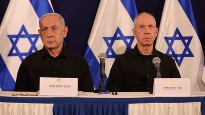 Israeli Prime Minister Benjamin Netanyahu (Left) and Defence Minister Yoav Gallant attend a press conference in the Kirya military base in Tel Aviv on October 28, 2023. (AFP) Israeli Prime Minister Benjamin Netanyahu (Left) and Defence Minister Yoav Gallant attend a press conference in the Kirya military base in Tel Aviv on October 28, 2023. (AFP)