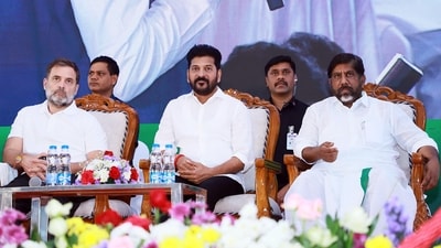 Lok Sabha LoP and Congress MP Rahul Gandhi with Telangana CM Revanth Reddy and state deputy chief minister Mallu Bhatti Vikramarka during the state-level consultations on caste census at Gandhian Ideology Centre, in Secunderabad on Tuesday. (ANI) Lok Sabha LoP and Congress MP Rahul Gandhi with Telangana CM Revanth Reddy and state deputy chief minister Mallu Bhatti Vikramarka during the state-level consultations on caste census at Gandhian Ideology Centre, in Secunderabad on Tuesday. (ANI)