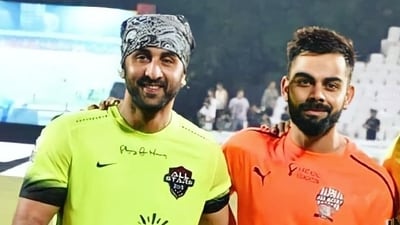 Ranbir Kapoor and Virat Kohli on the sidelines of an exhibition football match Ranbir Kapoor and Virat Kohli on the sidelines of an exhibition football match