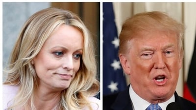 A combination photo shows adult film actress Stephanie Clifford, also known as Stormy Daniels speaking in New York City, and US President Donald Trump speaking in Washington, Michigan, US on April 16, 2018 and April 28, 2018 respectively. (REUTERS) A combination photo shows adult film actress Stephanie Clifford, also known as Stormy Daniels speaking in New York City, and US President Donald Trump speaking in Washington, Michigan, US on April 16, 2018 and April 28, 2018 respectively. (REUTERS)