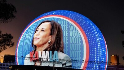 Trump International hotel is seen in the background of the Sphere, entertainment arena, displaying an portrait of US Vice President and democratic Presidential candidate Kamala Harris in Las Vegas, Nevada on November 4. (AFP) Trump International hotel is seen in the background of the Sphere, entertainment arena, displaying an portrait of US Vice President and democratic Presidential candidate Kamala Harris in Las Vegas, Nevada on November 4. (AFP)