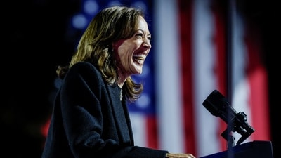 Democratic presidential nominee Kamala Harris laughs during a campaign rally in Philadelphia. (Reuters)
