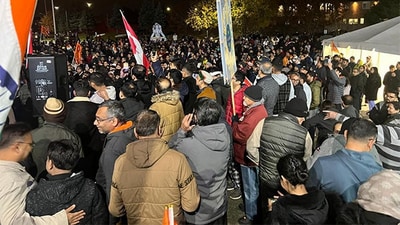 The protest took place outside the Hindu Sabha Mandir, one of Canada’s largest temples, in Brampton on Tuesday. The protest took place outside the Hindu Sabha Mandir, one of Canada’s largest temples, in Brampton on Tuesday.