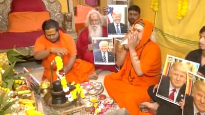 Spiritual leader Mahamandelshwar Swami Vedmutinand Saraswati was seen performing a hawan to pray for Donald Trump's election victory. (X/@ANI) Spiritual leader Mahamandelshwar Swami Vedmutinand Saraswati was seen performing a hawan to pray for Donald Trump's election victory. (X/@ANI)