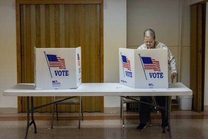 A person votes in the 2024 US presidential election on Election Day at a voting site in Nanty Glo, Pennsylvania, November 5, 2024. (REUTERS)
