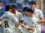 New Zealand's Rachin Ravindra and teammates during Day 2 of the third test match against India, at Wankhede Stadium in Mumbai on Saturday. New Zealand's Rachin Ravindra and teammates during Day 2 of the third test match against India, at Wankhede Stadium in Mumbai on Saturday.