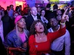 People react to early voting results during a watch party at the New York Young Republican Club watch party in Manhattan, New York City, U.S., November 5, 2024.
