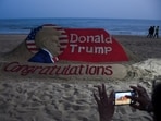A view of a sand sculpture depicting Republican Donald Trump after he won the U.S. presidential election.