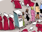 Women turn up at polling booths in cloaks and bonnets, referencing The Handmaid's Tale: But why?